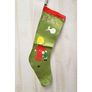 Vintage Felt Christmas Stocking Blonde Girl Glitter NOEL stamped JAPAN, 25" long